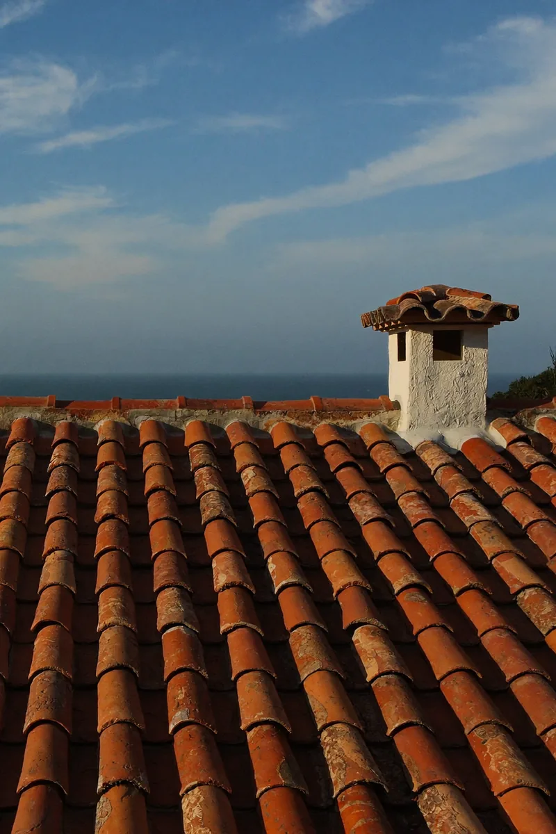 Illustration: Clay tile roof of a villa with the Atlantic on the horizon